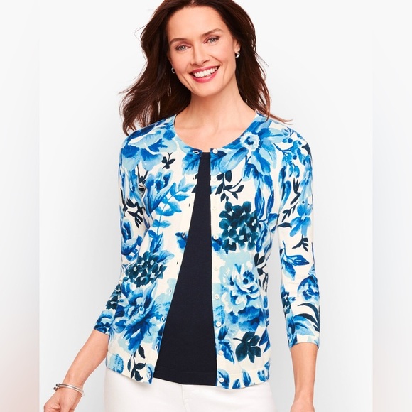 Talbots Sweaters - Women’s Talbots Charming Button Down Cardigan Watercolor Blossom Flowers Small
